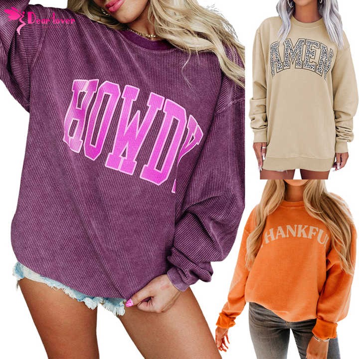 Dear-Lover Custom OEM ODM Winter Women Long Sleeve Crew Neck Oversized Pullover Letters Print Ribbed Graphic Sweatshirt