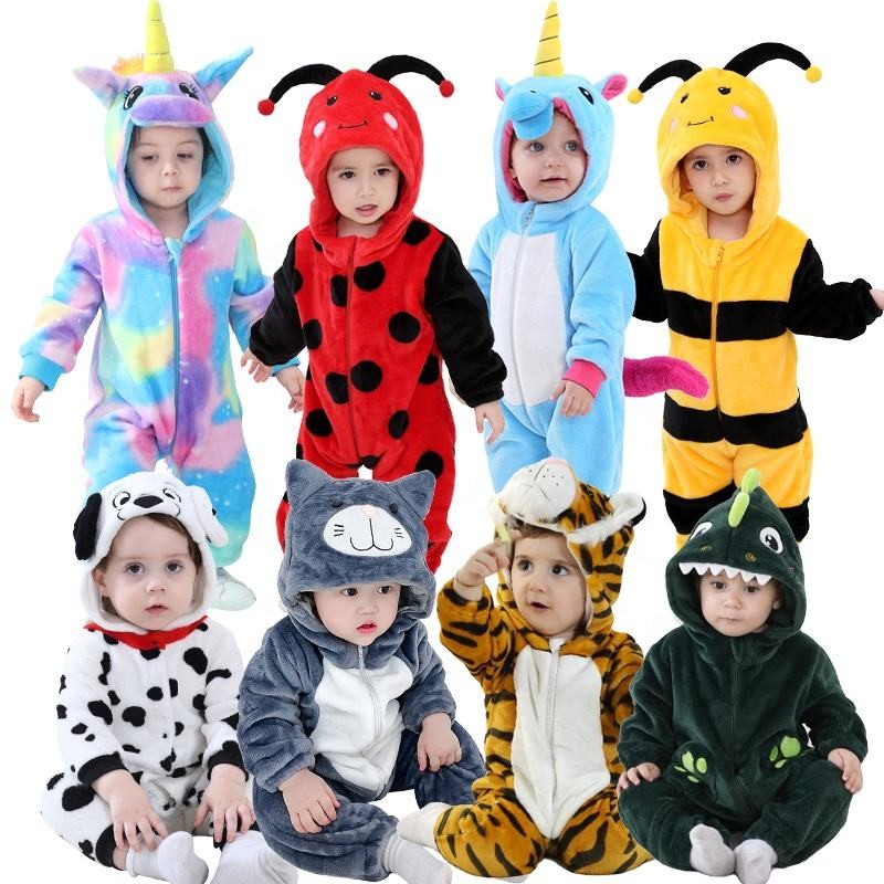 Infant Animal Rompers Kids Flannel Hooded Jumpsuits Winter Baby Clothes Toddlers Cartoon Outwear